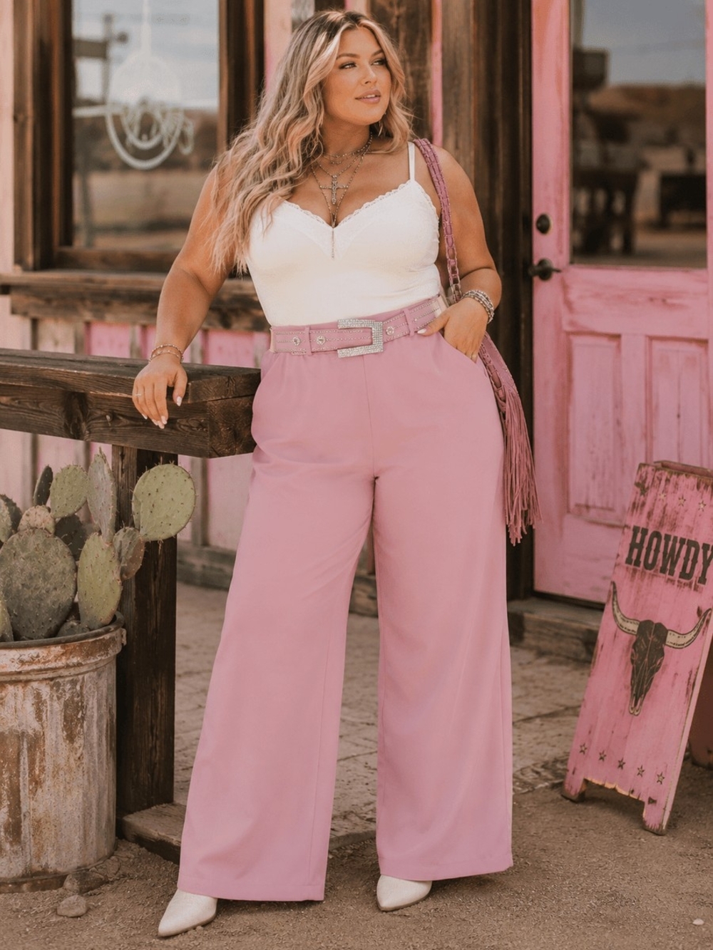 Plus-Size High-Rise Wide Leg Pants in Soft Pink